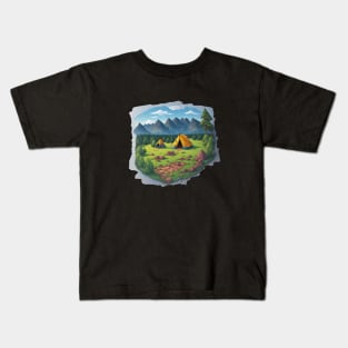 Camping Tent Adventure Sunset Retro Art Kids T-Shirt